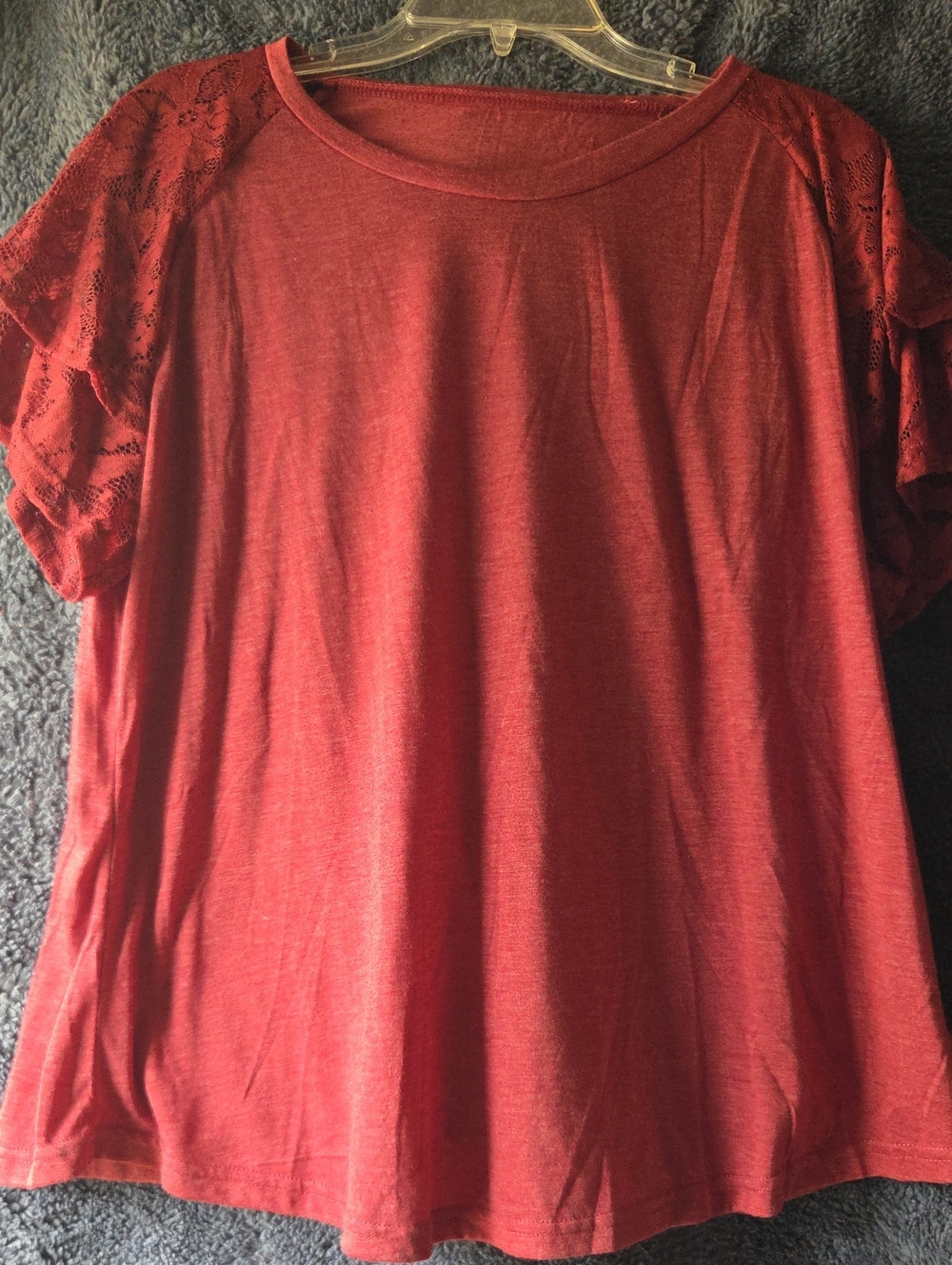 SHEIN Red Short Sleeve Tee with Lace Shoulders